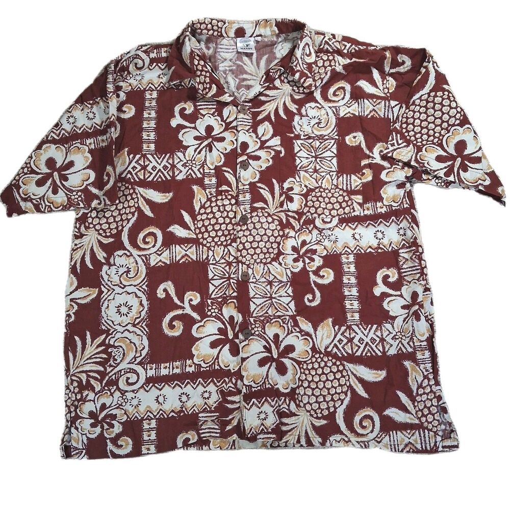 ​Mandy Hawaiian Shirt Mens Large Brown Aloha Pineapple Hibiscus Floral Button Up